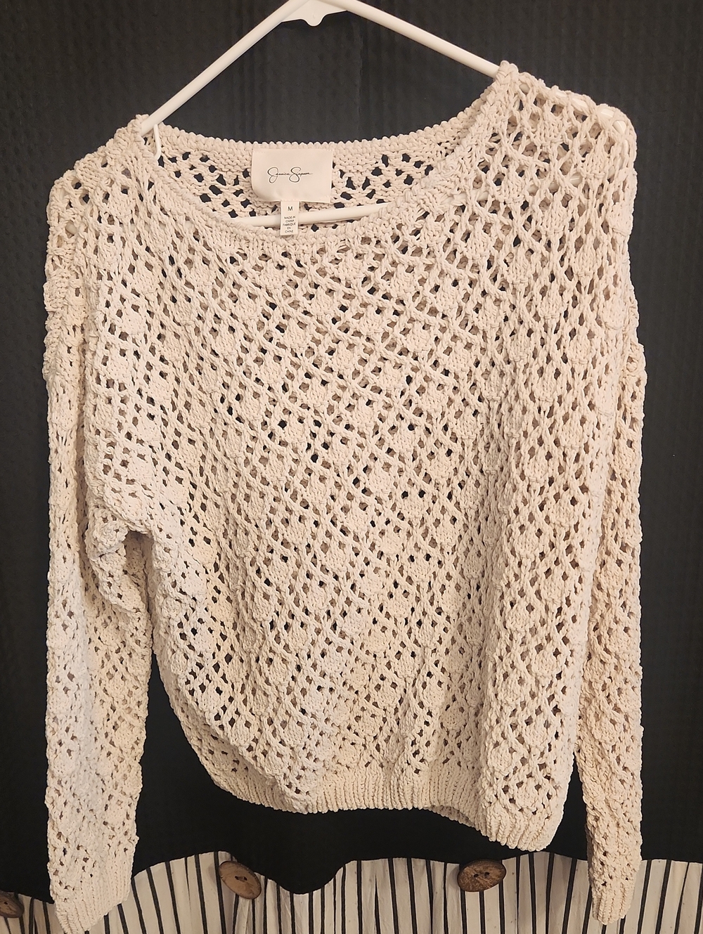Jessica Simpson Cream Openwork Crochet Crewneck Sweater